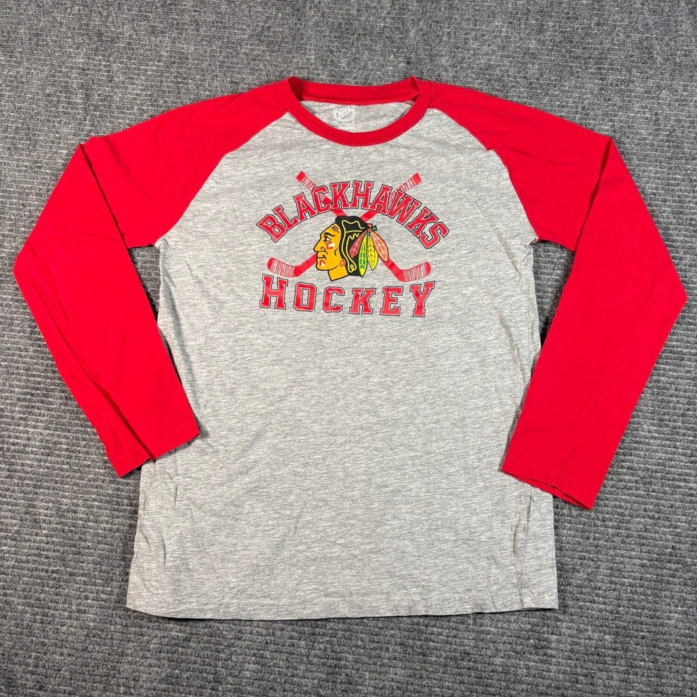 NHL Chicago Blackhawks Shirt Youth L Gray Red Good Raglan Long Sleeve Graphic